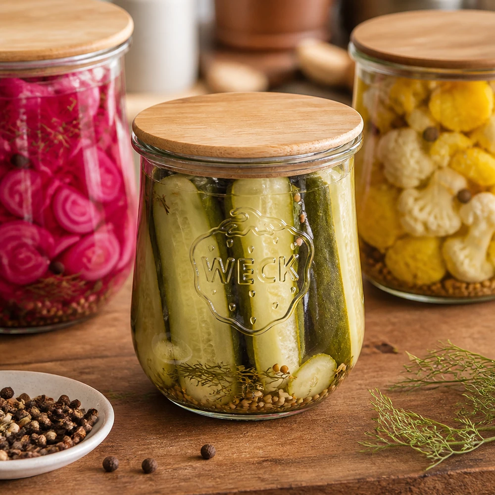 1062ml Tulpenglas WECK RR100 mit Holzdeckel WECK Tulpenglas RR100 1062ml mit Holzdeckel gefüllt mit eingelegten Gewürzgurken und Dill auf Holztisch mit Gewürzen