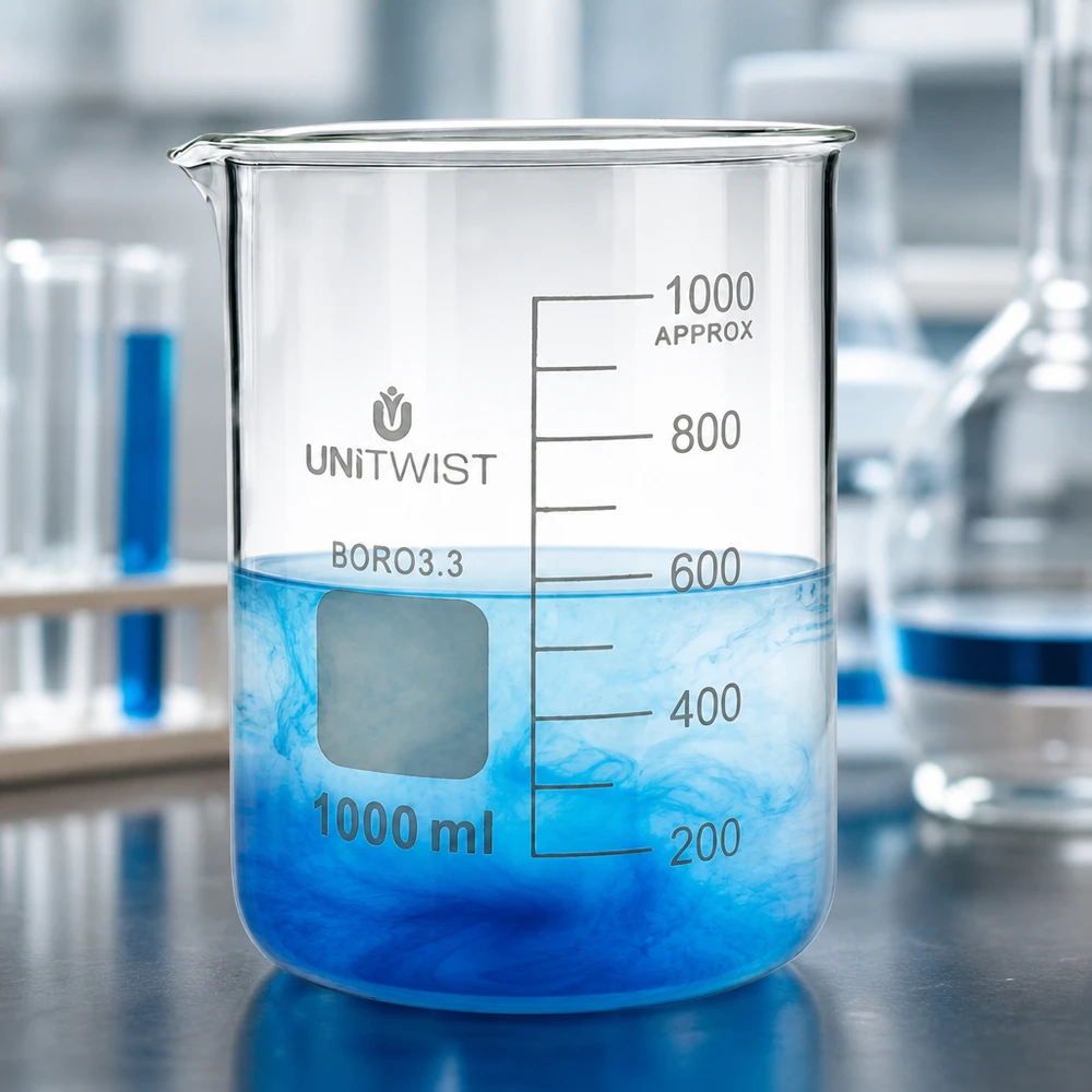 Bicchiere da laboratorio in borosilicato trasparente da 1000 ml, forma bassa, con liquido blu e scala di misurazione