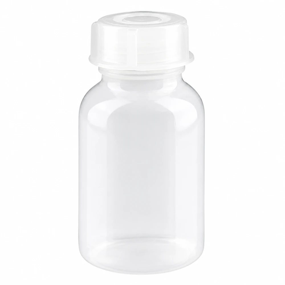 Klare 100ml Laborflasche mit Weithalsöffnung und kindersicherem Schraubverschluss