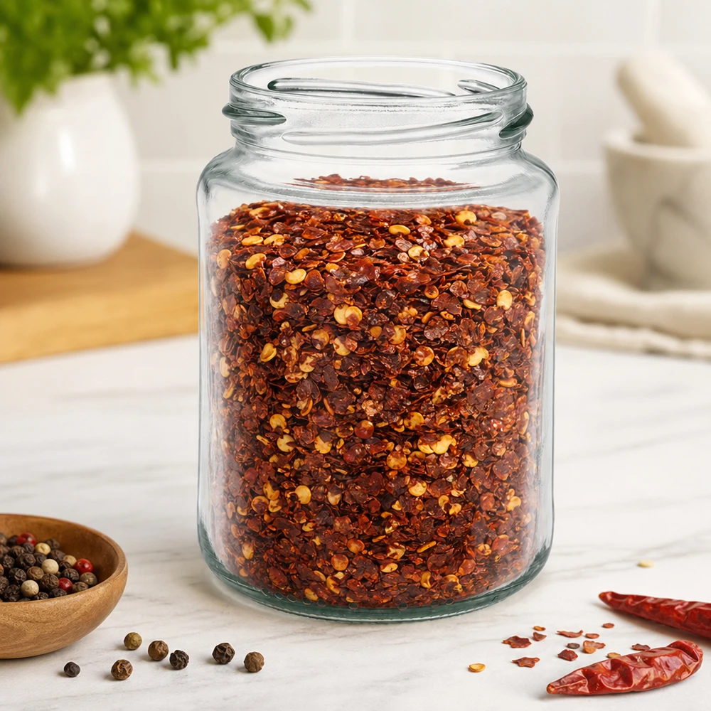 UNiTWIST Runda382 Rundglas 382ml TO66 mit Chili-Gewürzmischung gefüllt in heller Küche auf Marmortisch