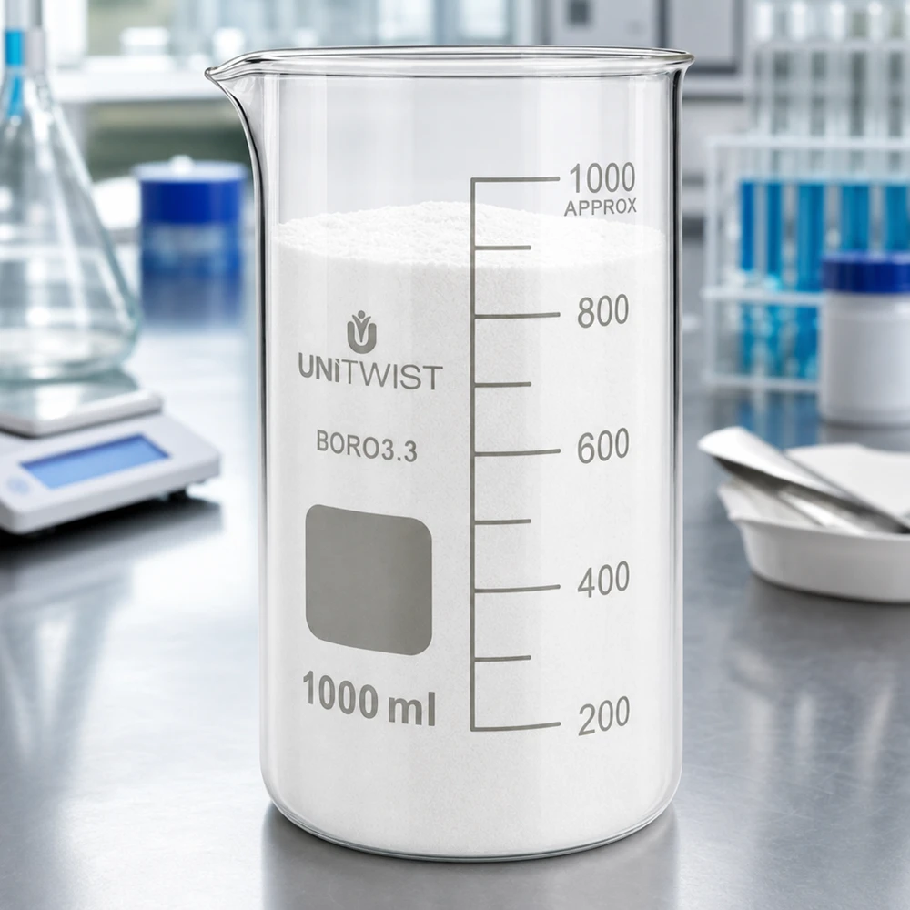 Bicchiere 1000ml borosilicato, stampo alto UNITWIST Vaso di vetro UNITWIST da 1000 ml, forma alta, in borosilicato, riempito con polvere bianca in laboratorio