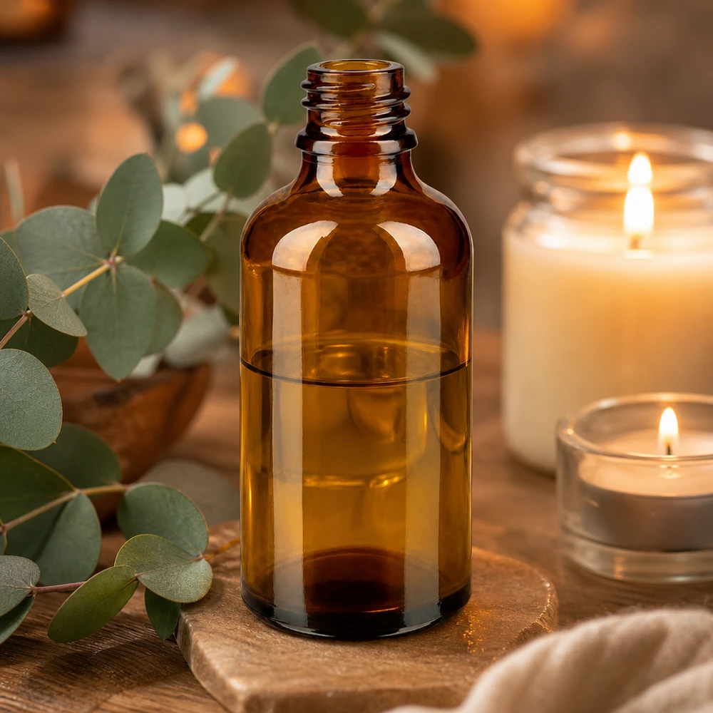Flacone farmaceutico marrone da 50 ml ApoGlas Bottiglia di vetro marrone da 50 ml Bottiglia da farmacia ApoGlas con olio essenziale accanto a candele ed eucalipto