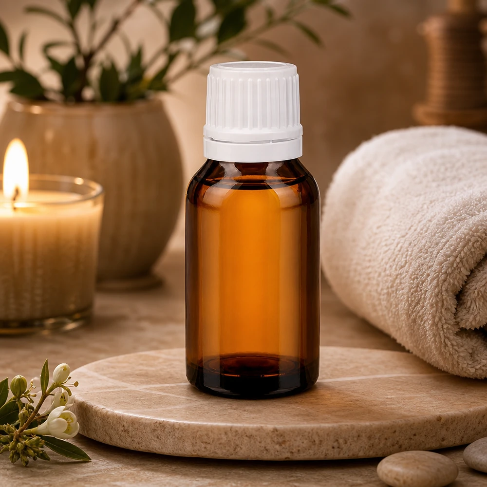 Braune Glasflasche 15ml mit geriffeltem weißem Schraubverschluss für Kosmetik