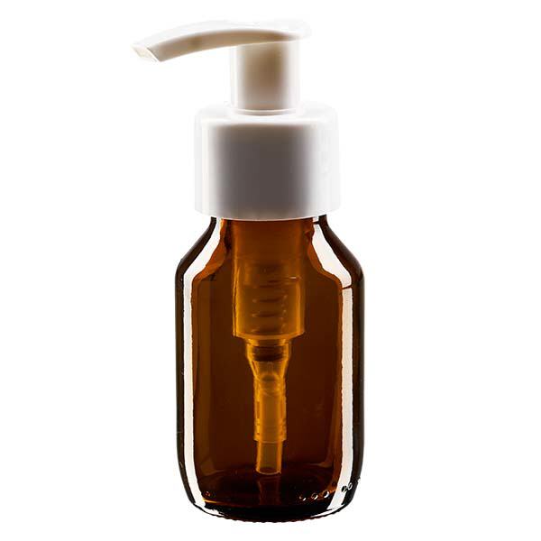 Flacone per medicinali da 50 ml marrone, con pompa dosatrice in ApoGlas bianco Flacone per medicinali da 50 ml marrone, con pompa dosatrice in ApoGlas bianco