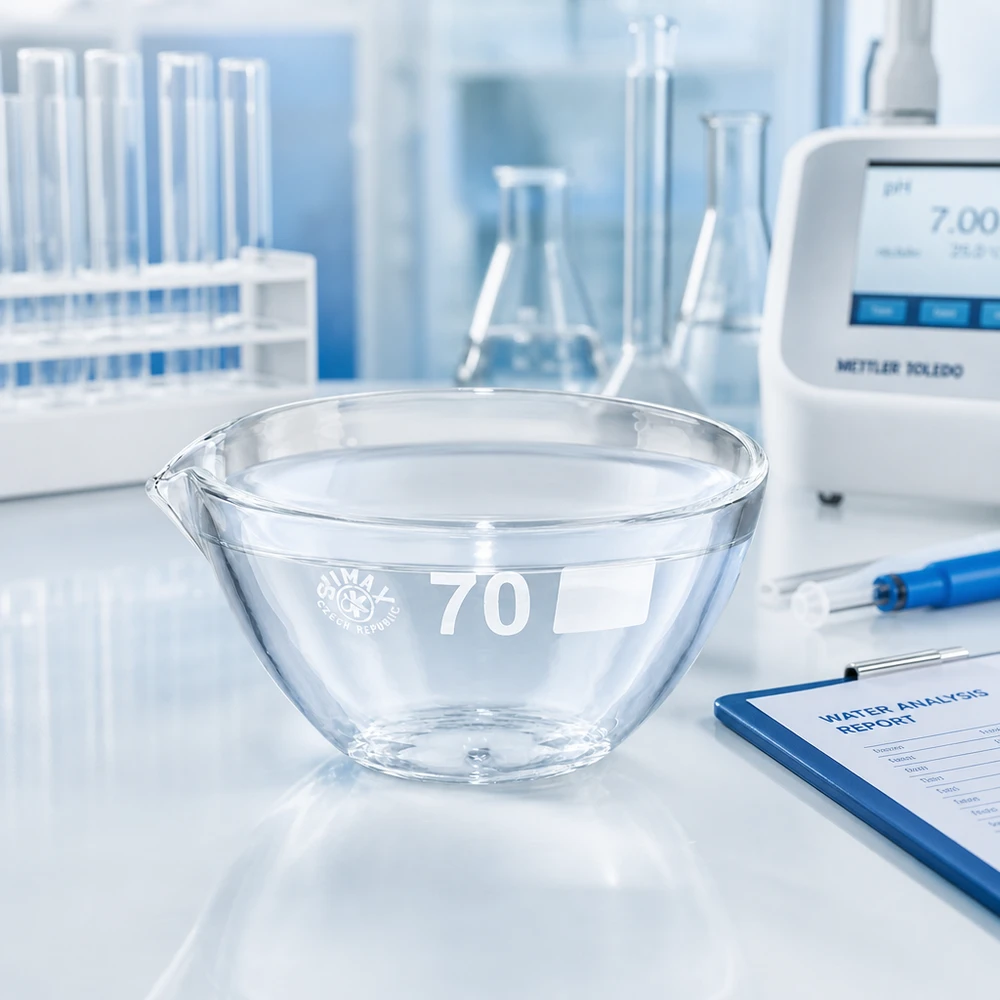 Capsule d’évaporation 60 ml en verre borosilicate, avec bec verseur Bol d'évaporation ergonomique de 60 ml avec bec verseur pour un transvasement propre et une évaporation contrôlée