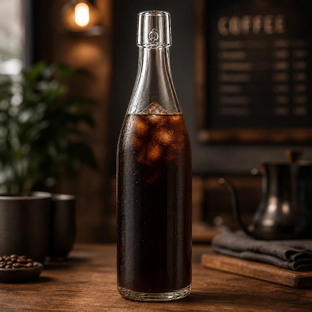 Bottiglia in vetro da 500 ml senza tappo UNiTWIST 500ml UNiTWIST Glasflasche mit Cold Brew Kaffee befüllt und Eiswürfeln in stylischer Café-Atmosphäre