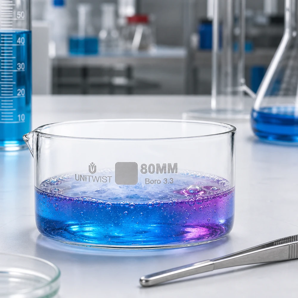 Cristallisoir ø80mm verre borosilicaté UNiTWIST Solution bouillante de couleur bleu-violet dans un bac de cristallisation en verre borosilicaté de 80 mm – Expérience en laboratoire UNiTWIST