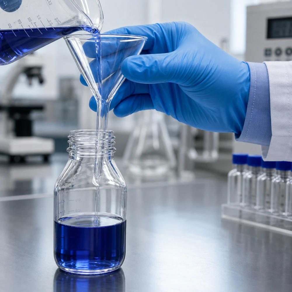 Imbuto in vetro compatto con diametro di 35 mm e manico corto per un lavoro efficiente in laboratorio