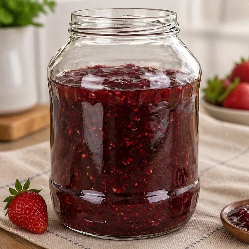 Vaso a sfera 2650ml riempito di marmellata di fragole UNiTWIST Runda2650 vaso per conserve TO100 filettatura Esempio di applicazione