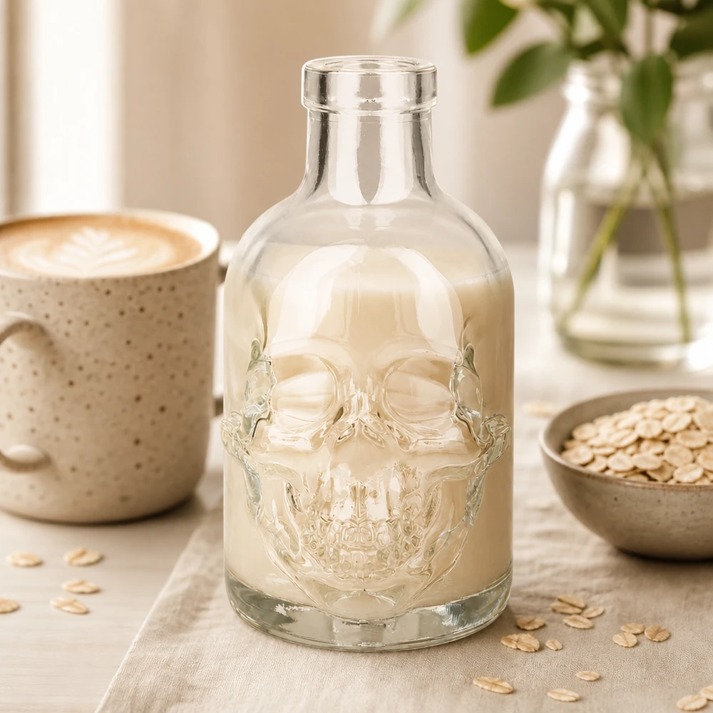 200ml Glasflasche "Jack" ohne Verschluss UNiTWIST 200ml Glasflasche Jack Totenkopf Design mit Hafermilch befüllt Lifestyle Szene Kaffeetasse Küche Ambiente