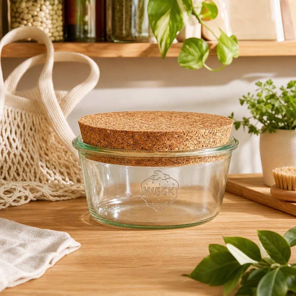290ml Sturzglas niedrig WECK RR100 mitKorken natur WECK Vorratsglas 290ml RR100 mit Korkdeckel in nachhaltiger Zero-Waste Küche mit Pflanzen und Netzbeutel