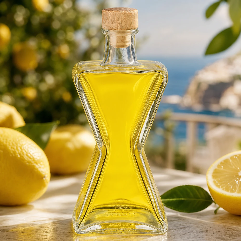 Bottiglia in vetro da 200 ml Star con tappo in sughero con impugnatura in legno UNiTWIST® Bottiglia di vetro Star da 200 ml riempita di olio giallo accanto ai limoni - tappo di legno UNiTWIST per limoncello e liquori