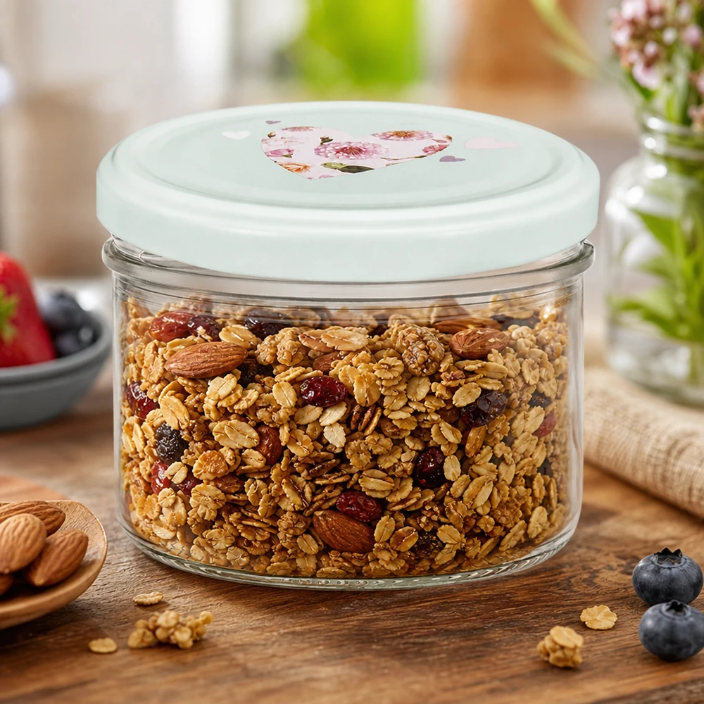 230ml Zylinderglas + BasicSeal Deckel Herz mint 230ml Zylinderglas mit BasicSeal Deckel Herz mint gefüllt mit Müsli Nüssen und Trockenfrüchten auf Holzuntergrund