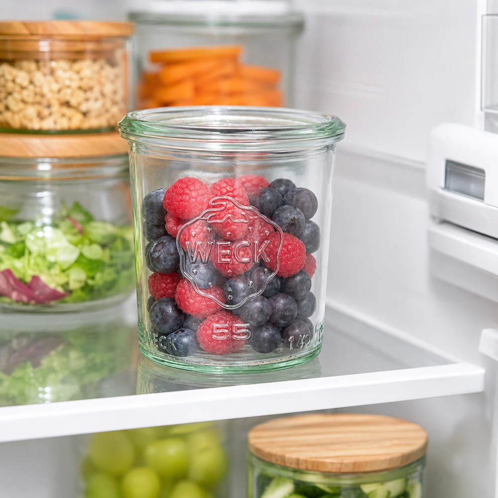 WECK Sturzglas 140ml RR60 mit Beeren gefüllt im Kühlschrank neben anderen Vorratsgläsern