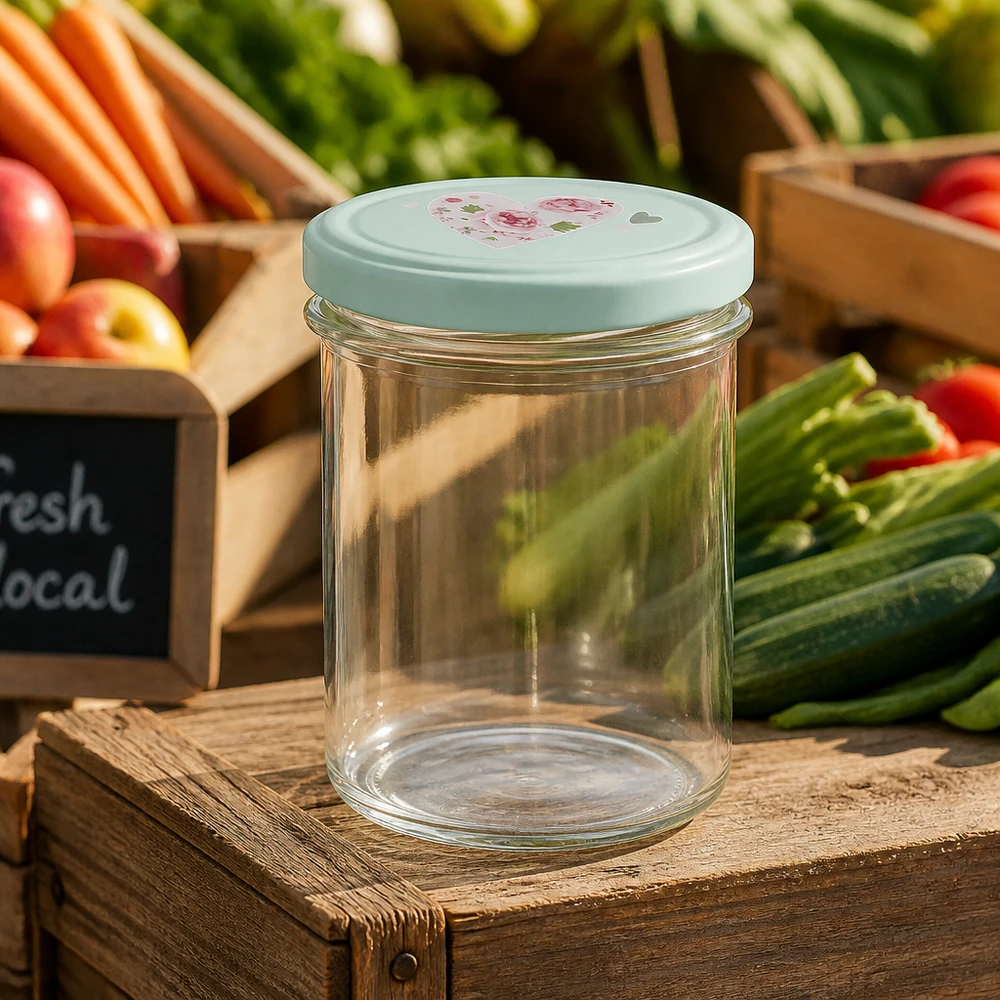 350ml Sturzglas + BasicSeal Deckel Herz mint UNiTWIST Leeres 350ml Sturzglas mit BasicSeal Deckel Herz mint auf Holzkiste Bauernmarkt Gemüsestand Aufbewahrung