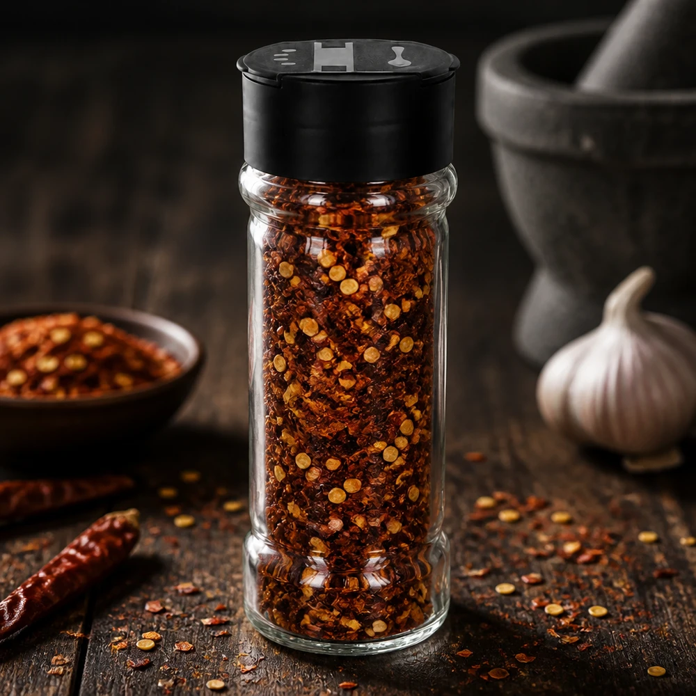 Pot à sel/épices 100 ml avec double saupoudreuse, noir Rundes 100ml Salz- und Gewürzglas mit schwarzem Doppelstreuer zwischen getrockneten Chilischoten