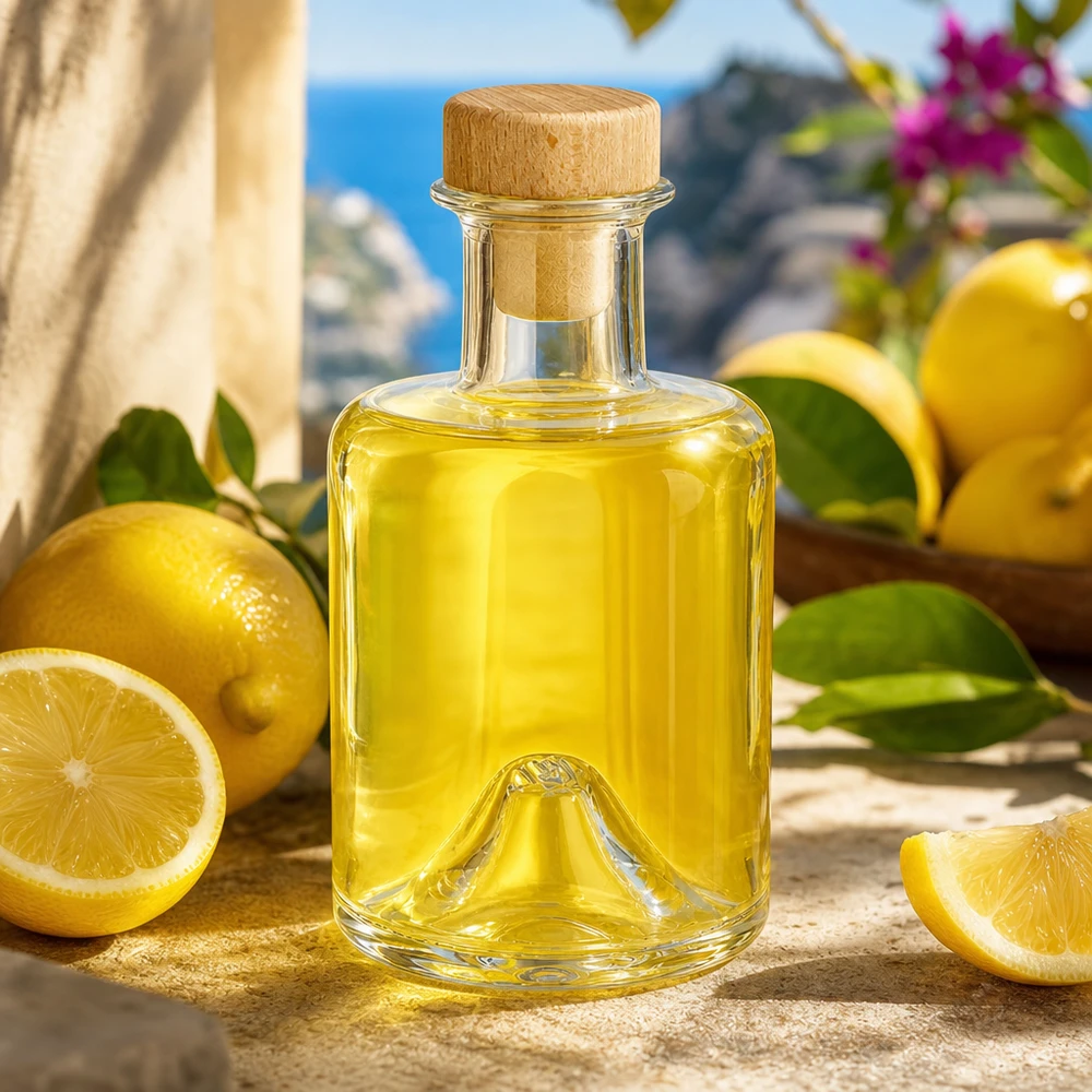 Flacone farmaceutico da 200 ml Sofia con tappo in sughero con impugnatura in legno UNiTWIST® 200ml Glasflasche Sofia mit Holzkorken gefüllt mit Zitronenöl in mediterraner Küche mit frischen Zitronen