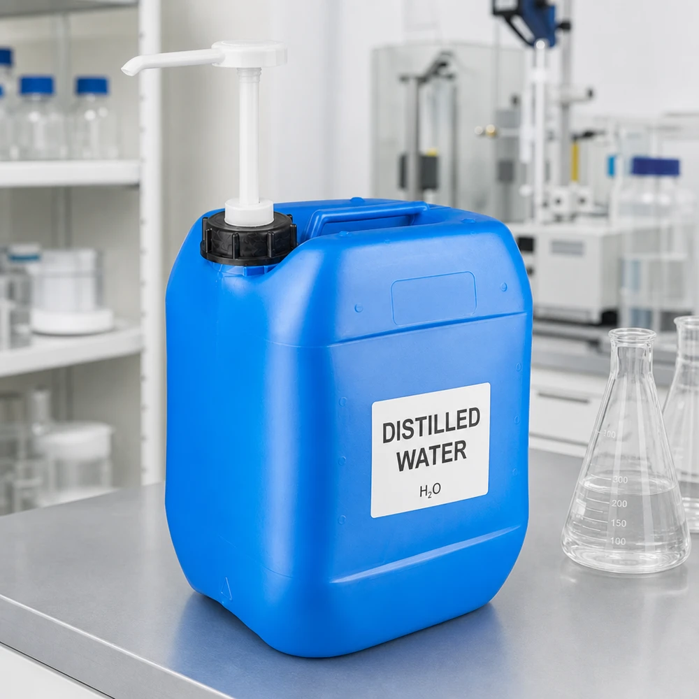 Blauer Chemikalienkanister mit Dosierpumpe zur präzisen Flüssigkeitsentnahme im Labor