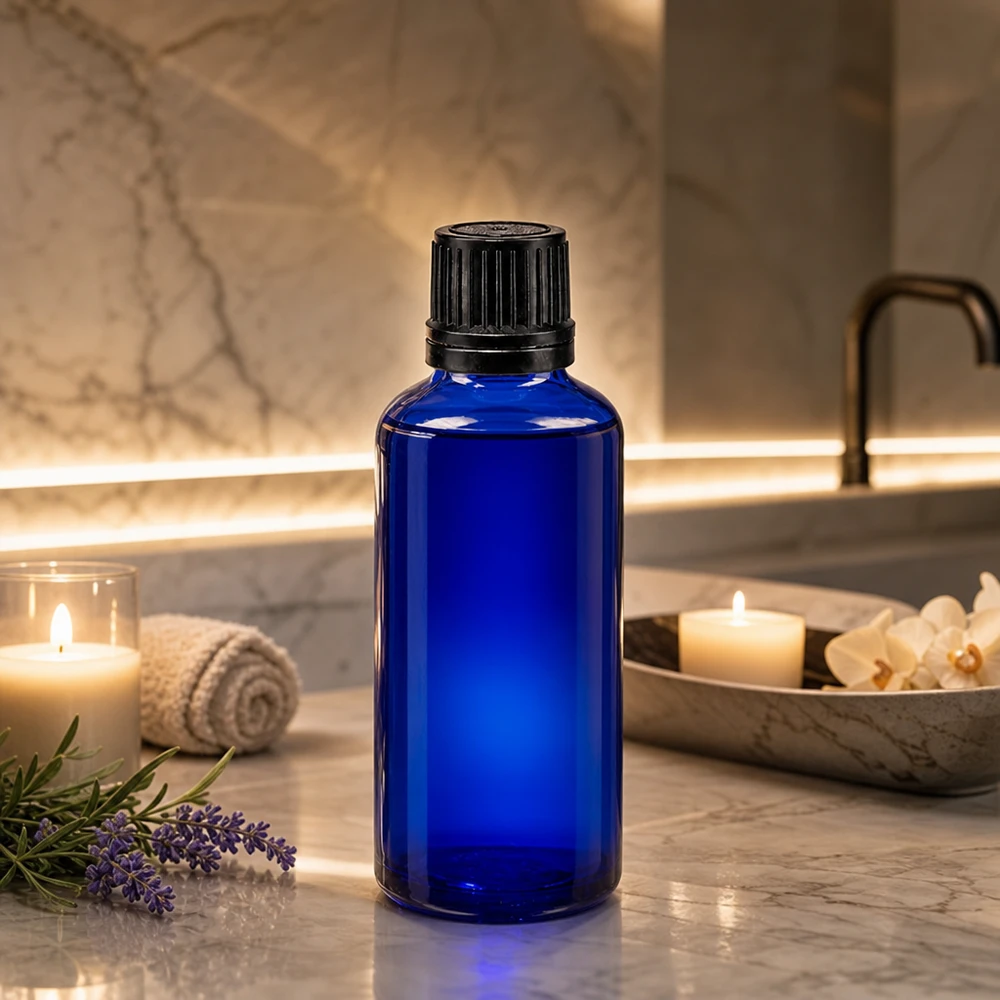 Flacon protecteur contre la lumière, bleu, de 50 ml, muni d'un bouchon compte-gouttes noir, dans une ambiance spa raffinée