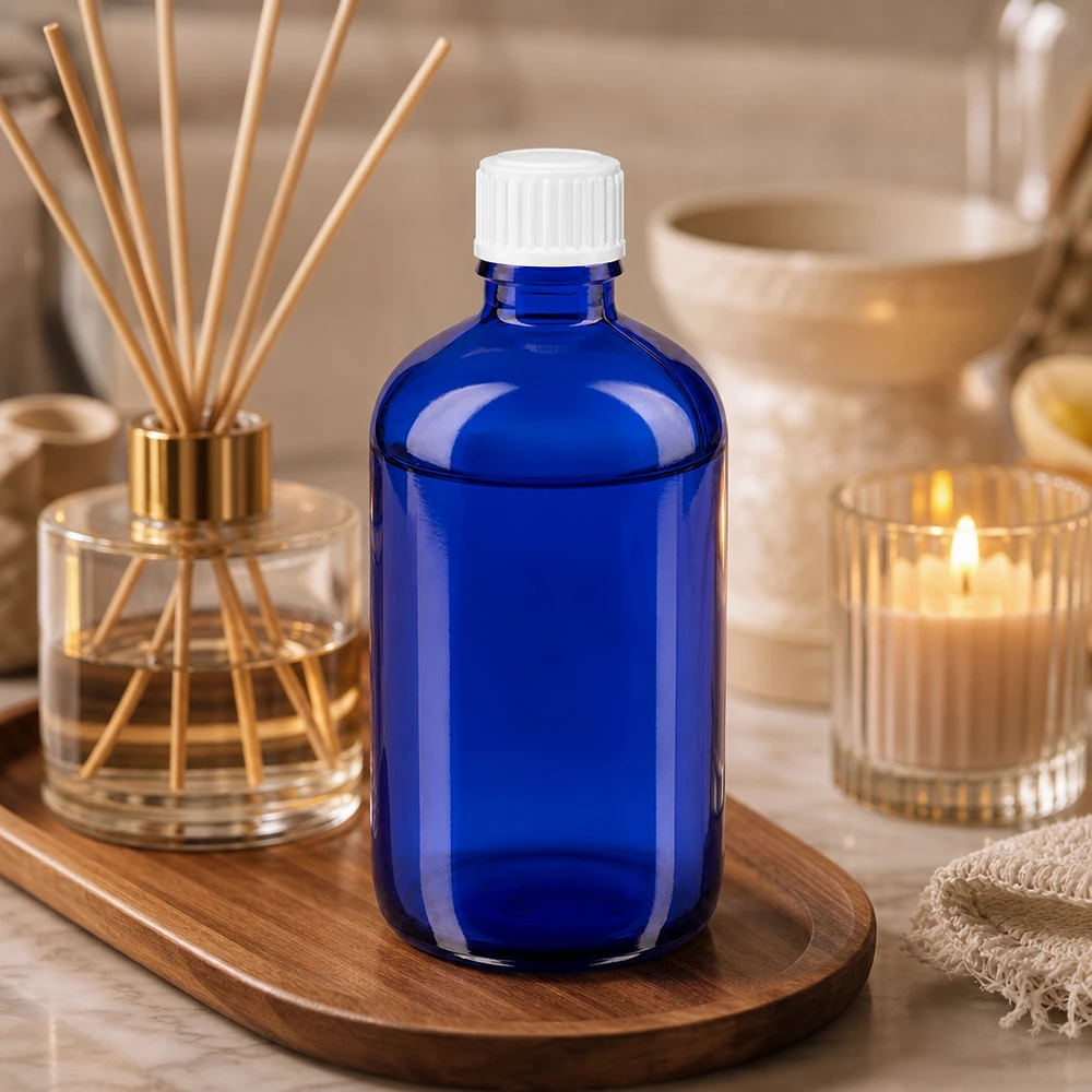 Apothekenflasche blau 100ml Schraubverschluss weiß Standard Kompakte blaue Vorratsflasche 100ml aus UV-Schutzglas mit weißem Deckel für Öle und Tinkturen
