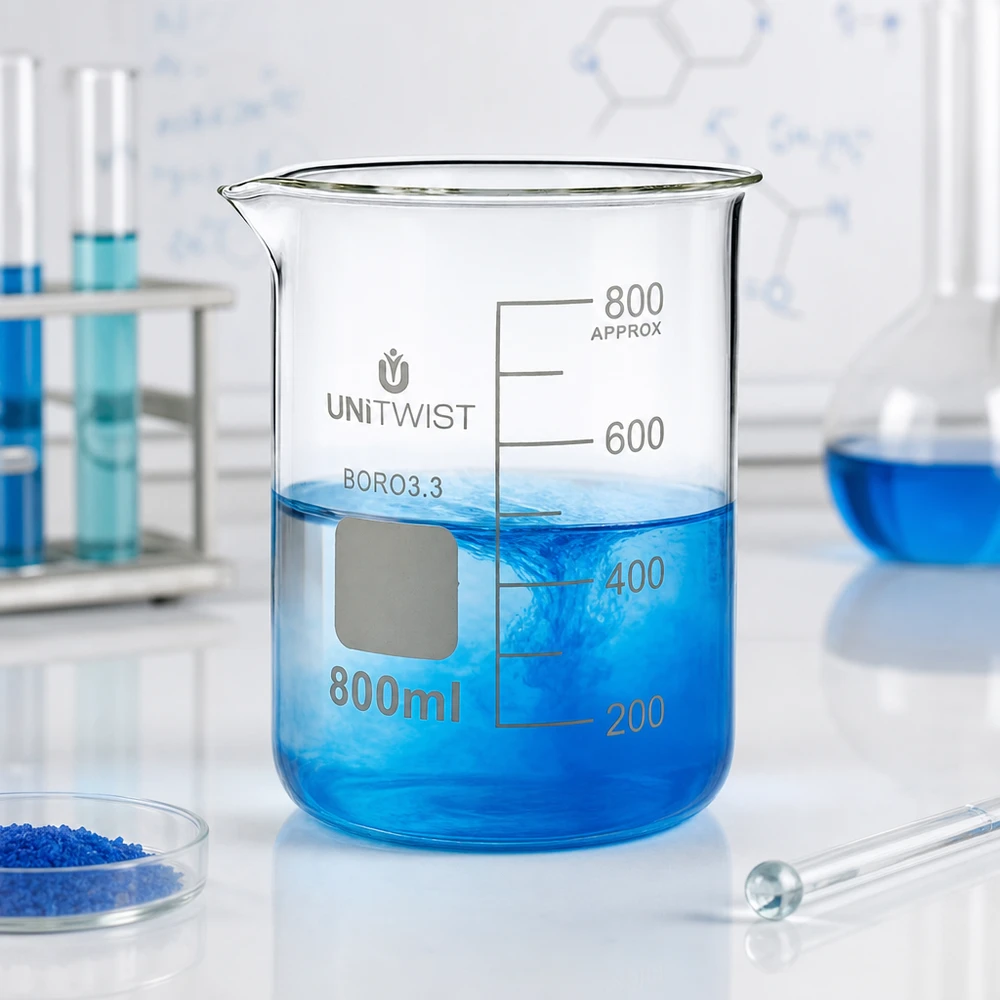 Foto di laboratorio: becher UNiTWIST da 800 ml in vetro borosilicato 3.3, forma bassa, con soluzione blu