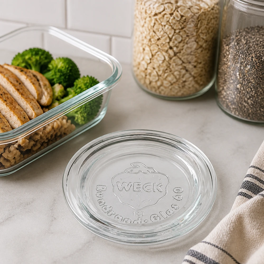 Coperchio del vaso WECK RR60 Coperchio in vetro WECK RR60 su un piano di lavoro in marmo accanto a un contenitore per la preparazione dei pasti con broccoli e barattoli per la conservazione Stile di vita in cucina