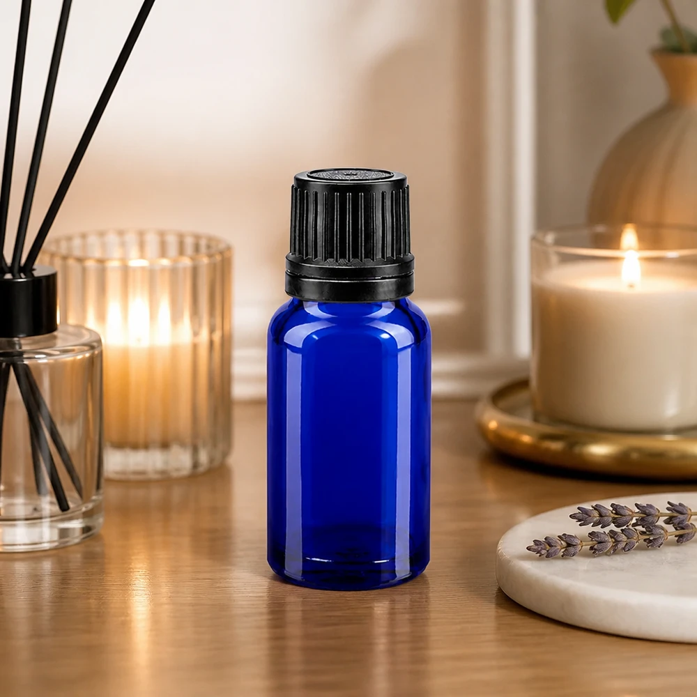 Apothekenflasche blau 10ml Tropfverschluss Giessring 1mm schwarz Originalitätsverschluss Blaue 10ml Glasflasche mit Originalitätsverschluss schwarz ideal zur Aufbewahrung von Essenzen