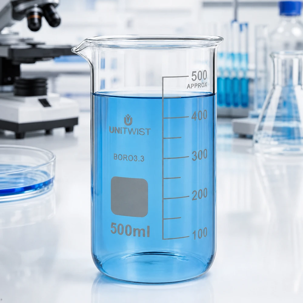 Bicchiere 500ml borosilicato, stampo alto UNITWIST UNITWIST: becher da 500 ml a forma alta con liquido blu su un piano da laboratorio bianco