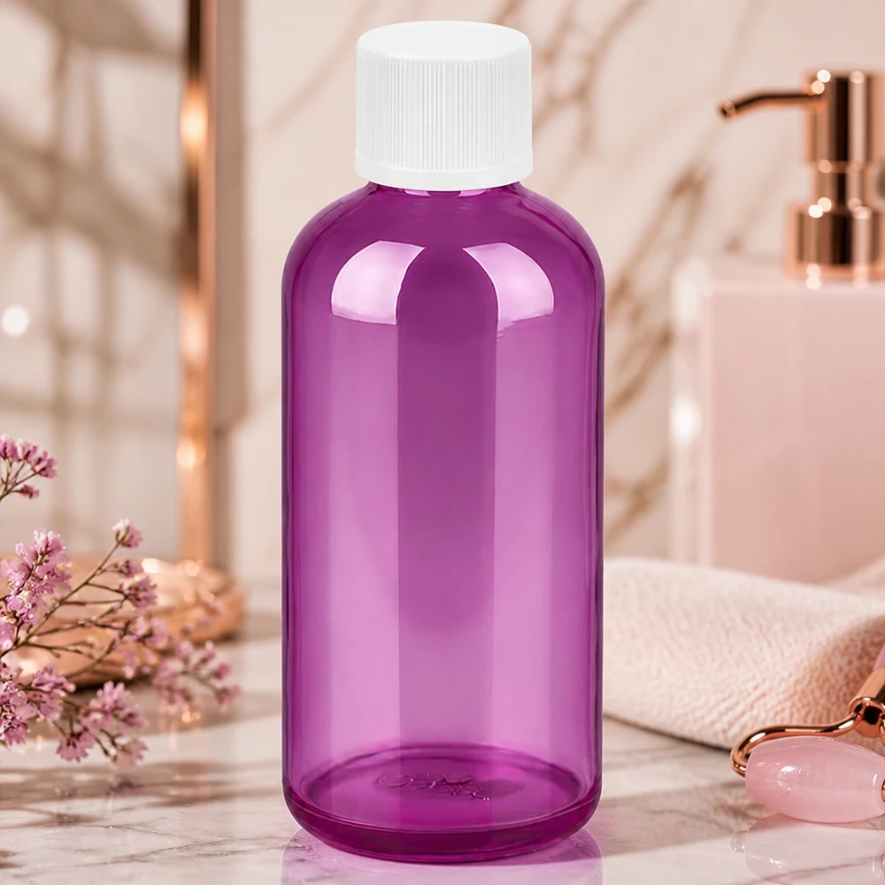 Bottiglia da 100 ml con tappo a vite bianco da 11 mm, standard PurpleLine resistente ai bambini. UT18/100 Flacone richiudibile da 100 ml in viola con materiale robusto per l'uso quotidiano