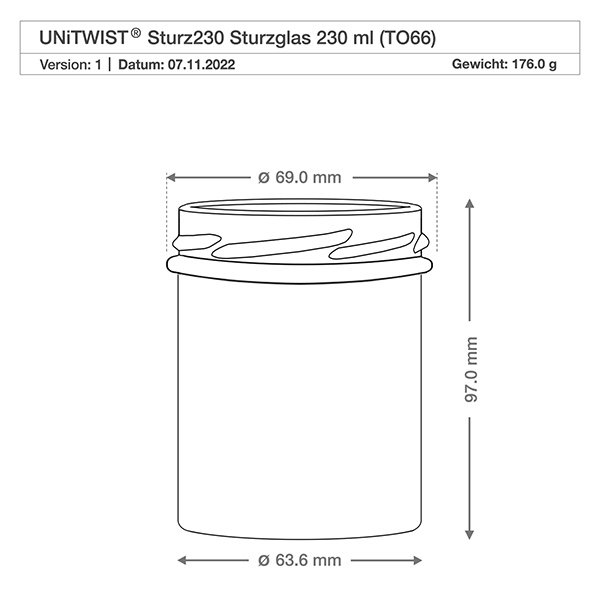 UNiTWIST Sturz230 - tumbler capacità 230ml TO66 UNITWIST Sturz230 tumbler 230ml TO66 disegno tecnico con dimensioni 69mm diametro 97mm altezza peso 176g