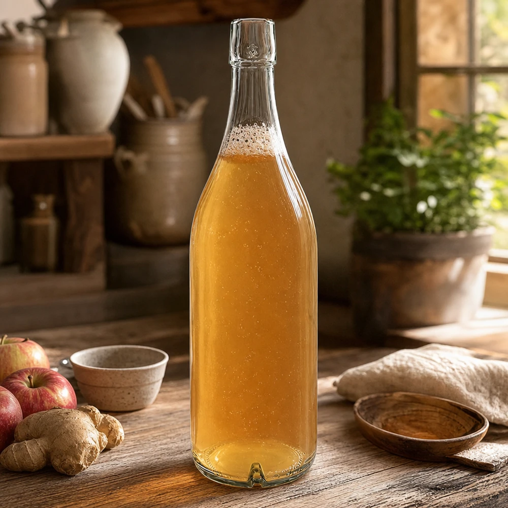 Bottiglia di vetro da 1000 ml di UNiTWIST con contenuto dorato su un tavolo di legno accanto a mele e zenzero in una cucina rustica