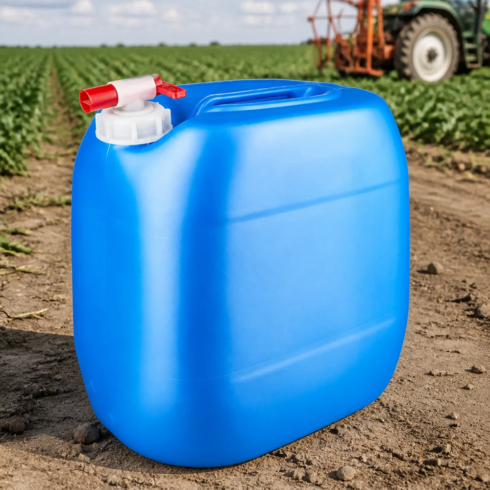 Kanister 30 Liter blau mit Auslaufhahn 30L Feldkanister blau mit Einfüllöffnung und Auslaufhahn zwischen Nutzpflanzreihen