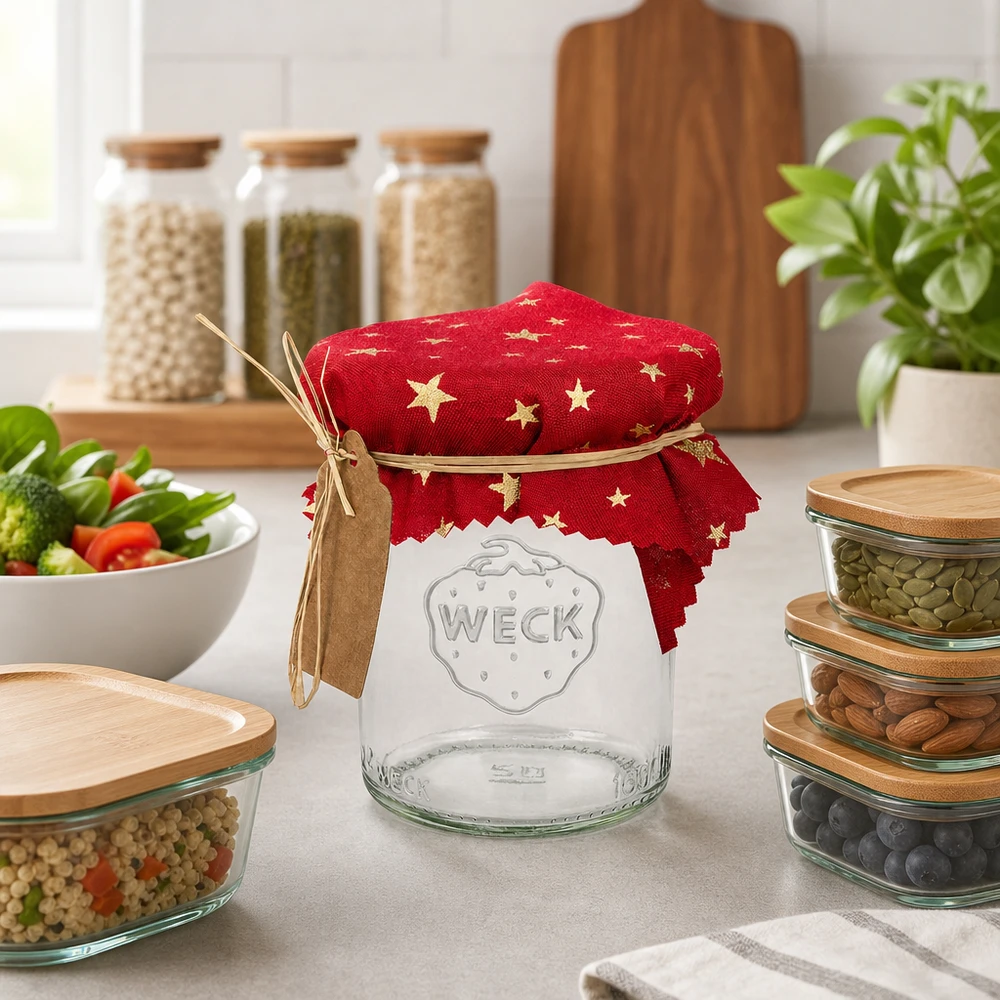 Centrino per gioielli in tessuto rosso "stelle" 12cm quadrato Centrino di stoffa a stelle rosse 12 cm su tavolo da cucina vuoto in vetro WECK con barattoli e verdure fresche Ambience