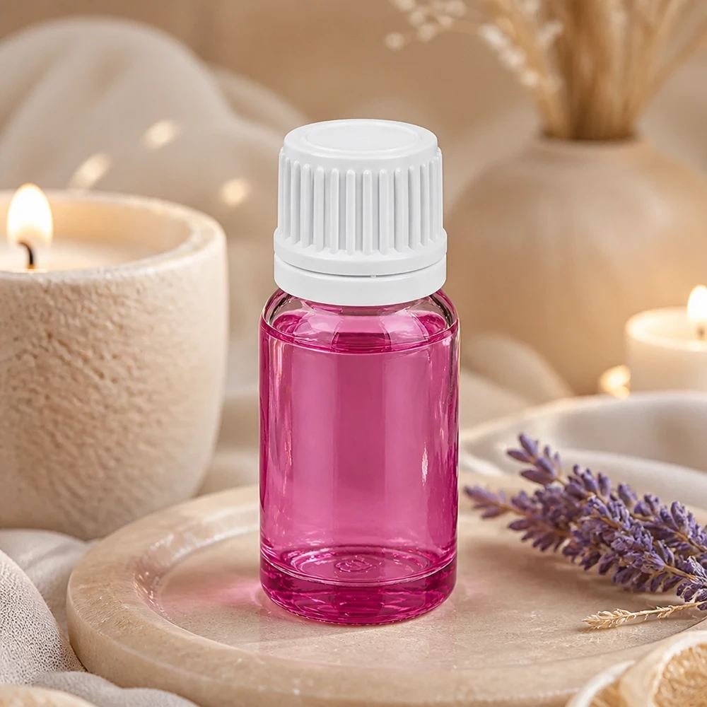 Elegante flacone da 10 ml in vetro viola con design bianco, perfetto per le applicazioni spa e benessere