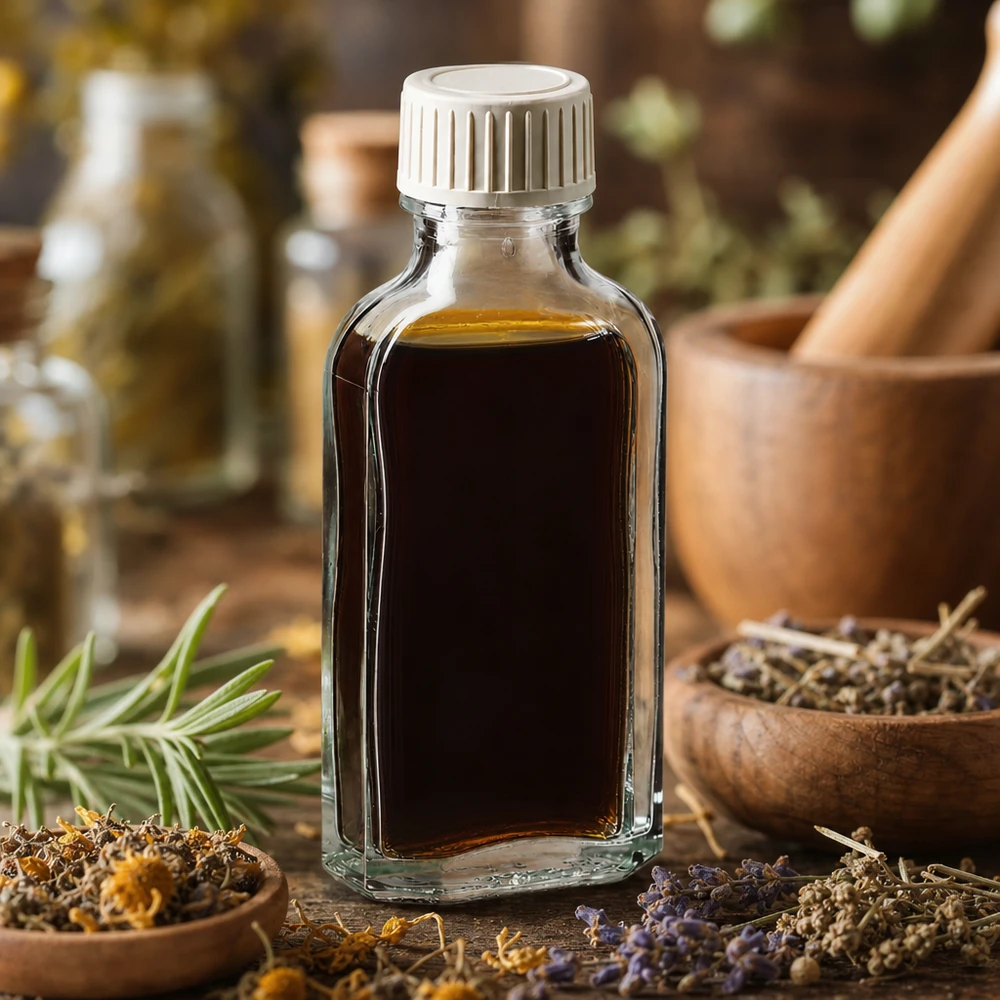 Piccola bottiglia di vetro Meplat da 50 ml con tappo a vite bianco, tra erbe essiccate e un mortaio di legno