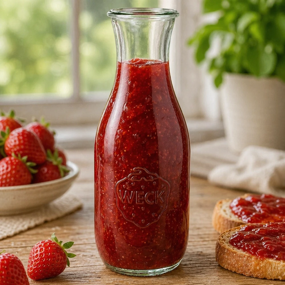 Bottiglia di succo WECK da 1062 ml RR60 riempita di marmellata di fragole fatta in casa accanto a fette di pane e frutti di bosco freschi