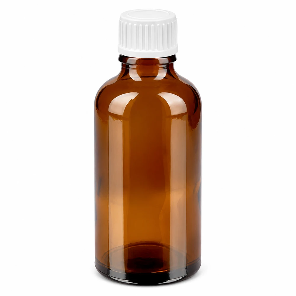 Flacone contagocce compatto da 50 ml in vetro ambrato con tappo bianco, per un dosaggio preciso delle gocce.