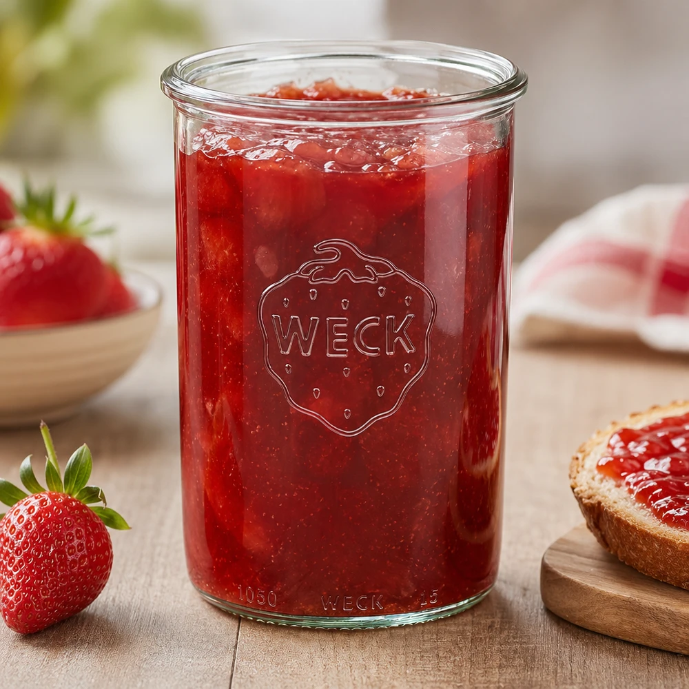 Barattolo di vetro WECK RR100 da 1000 ml Barattolo WECK 1000ml RR100 pieno di marmellata di fragole su un tavolo di legno con fragole fresche e pane