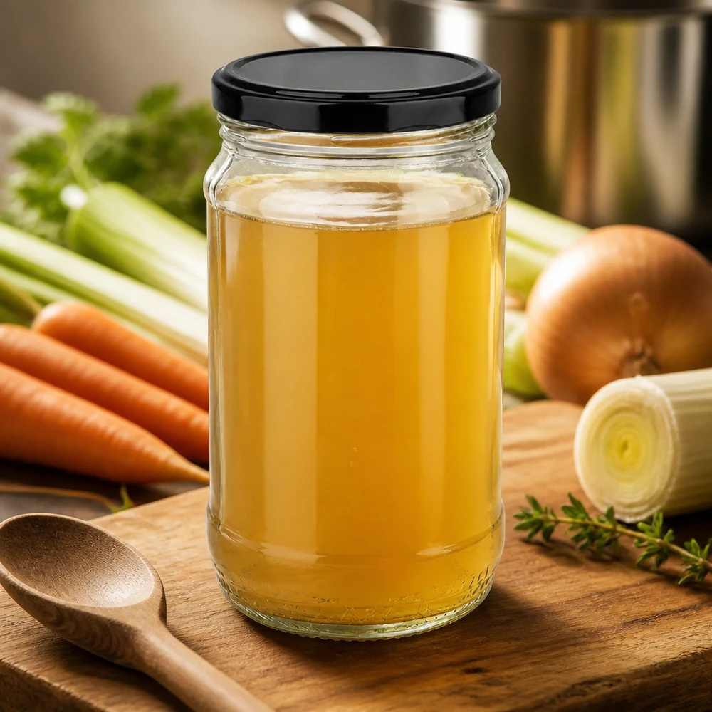 Klares 370ml Einmachglas UNiTWIST mit Brühe befüllt neben frischem Gemüse wie Karotten Sellerie und Zwiebeln