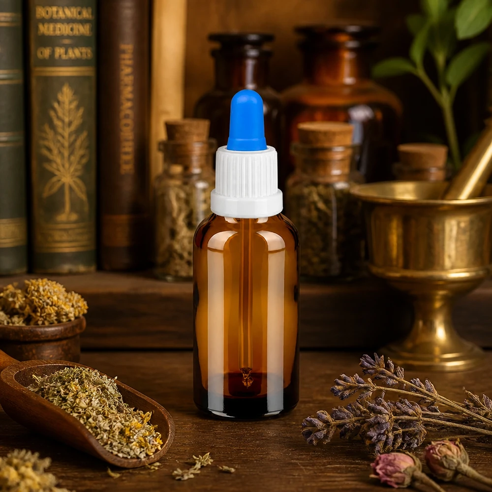 Bottiglia per pipette da 30 ml bianco/blu OV BrownLine UT18/30 Flacone in vetro ambrato da 30 ml con filettatura bianca - conservazione sicura per le sostanze sensibili