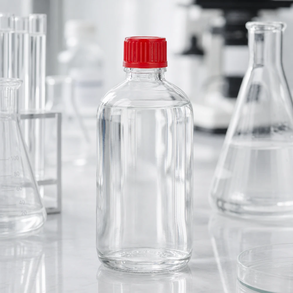 Bottiglia da 100ml 11mm SV rosso STD ClearLine UT18/100 Fiaschetta da laboratorio ClearLine UT18/100 da 100 ml in vetro trasparente con tappo standard rosso da 11 mm su piano di lavoro bianco