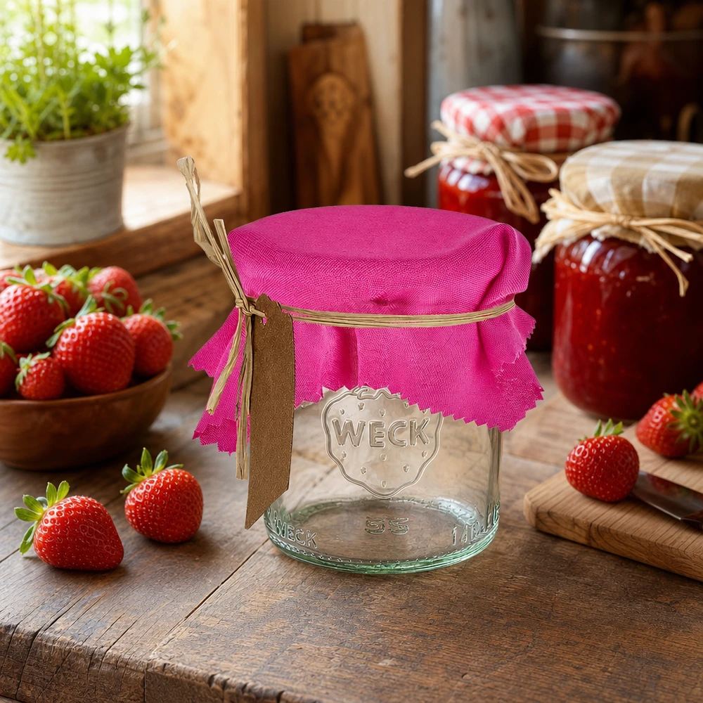 Centrino per gioielli in tessuto rosa 12cm quadrato Centrino decorativo rosa di 12 cm di lato su un barattolo per conserve in una cucina rustica con fragole fresche e barattoli di marmellata