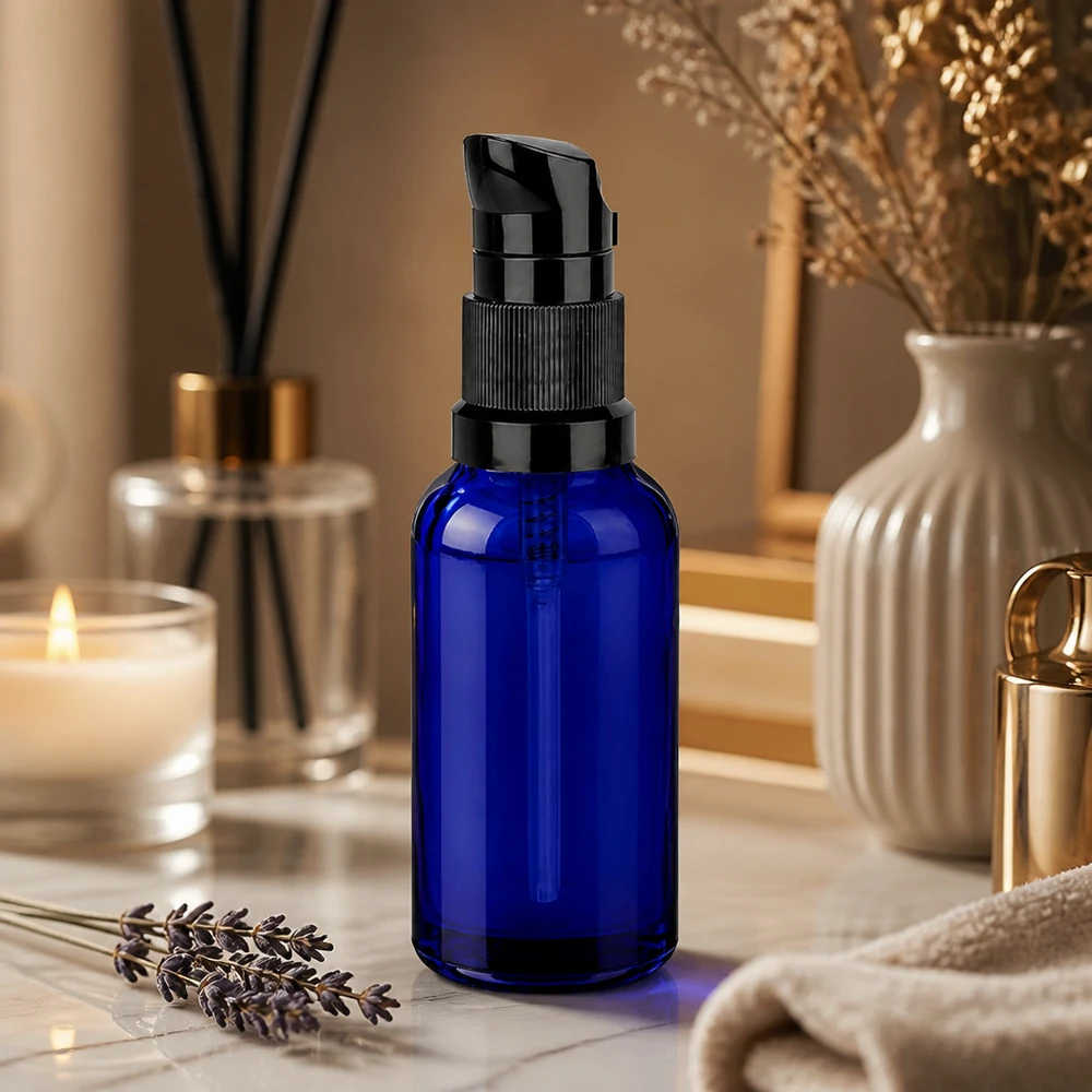 Flacone cosmetico di alta qualità da 30 ml in vetro blu resistente ai raggi UV con attacco a pompa nero