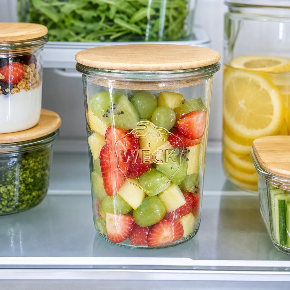 Bicchieri WECK RR100 da 850 ml con coperchio in legno WECK Sturzglas 850ml RR100 Holzdeckel Kühlschrank Obstsalat Meal Prep frische Früchte Kiwi Erdbeeren Aufbewahrung