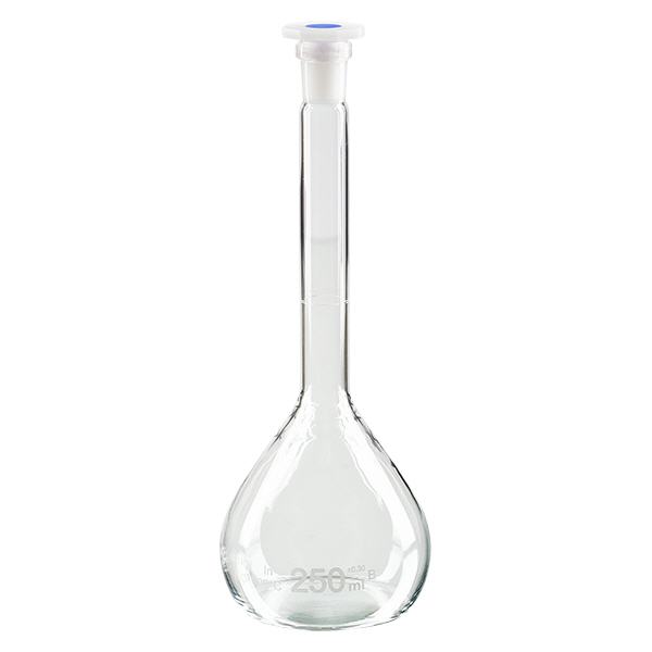 Matraccio volumetrico da 250 ml con giunto standard rettificato e tappo in PEHD Matraccio volumetrico da 250 ml con giunto standard rettificato e tappo in PEHD