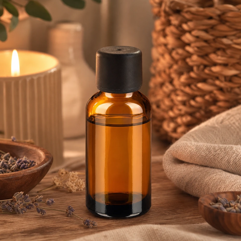 Elegante flacone in vetro da 30 ml in look ambrato con coperchio nero opaco per prodotti di alta qualità