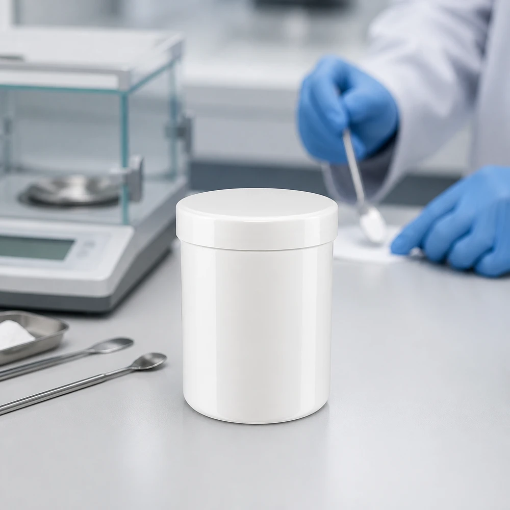 Pot à onguent blanc 20 g avec couvercle blanc (PP) Environnement de conditionnement stérile avec un pot en PP blanc de 20 g et des instruments pharmaceutiques