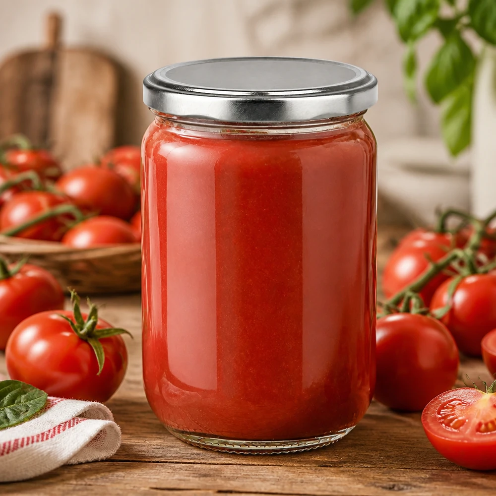Einmachglas 555ml mit selbstgemachtem Tomatenpassata und silbernem Twist-Off Deckel