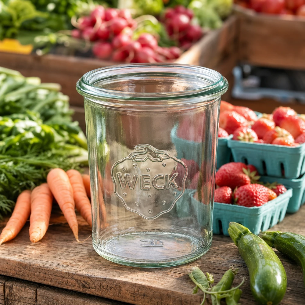 Barattolo da 160ml WECK RR60 Bicchieri in vetro trasparente WECK da 160 ml RR60 su un tavolo di legno circondato da frutta e verdura fresca