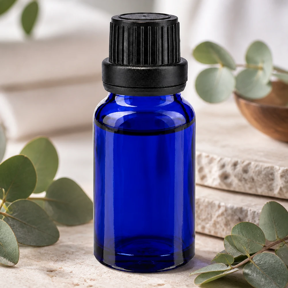 Apothekenflasche blau 10ml Tropfverschluss Giessring 2mm schwarz Originalitätsverschluss Nachfüllbare 10ml Tropfflasche aus blauem Spezialglas mit schwarzem Originalitätsverschluss